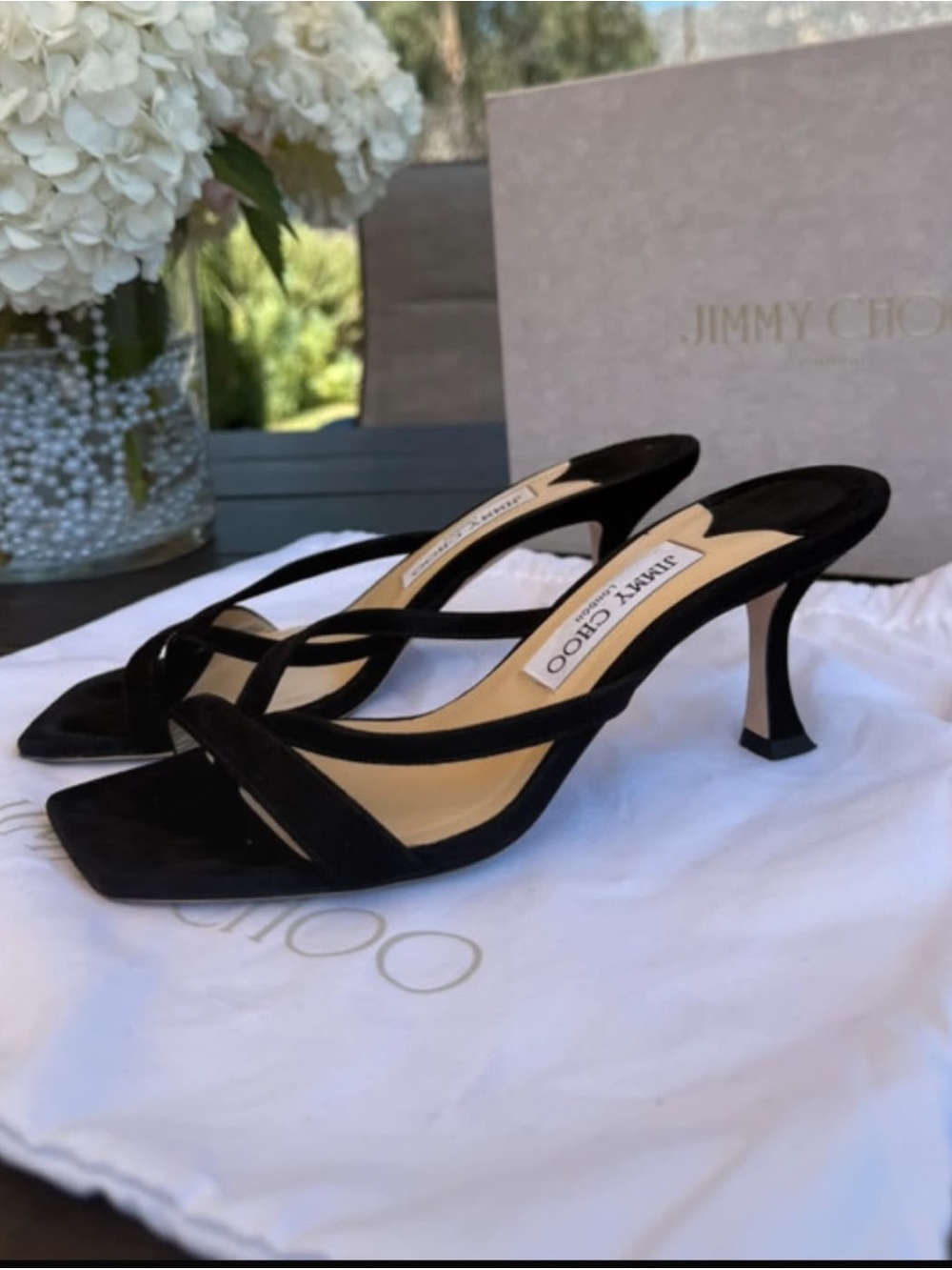 Jimmy Choo Black Suede Strappy Square-Toe Mule Heels with Sculpted Mid Heel